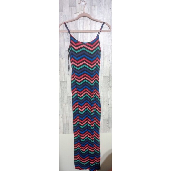 Forever 21 Maxi Dress Multicolor Chevron Stripe Side Slit Y2K Size Medium - Picture 1 of 4